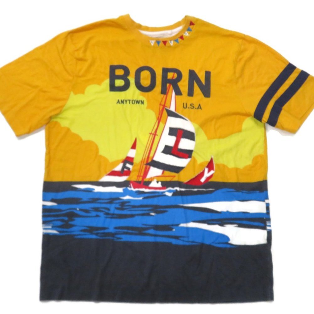 Born Fly T-Shirt‎ Mens Large Yellow Sailboat All Over Graphic Tee Short Sleeve
